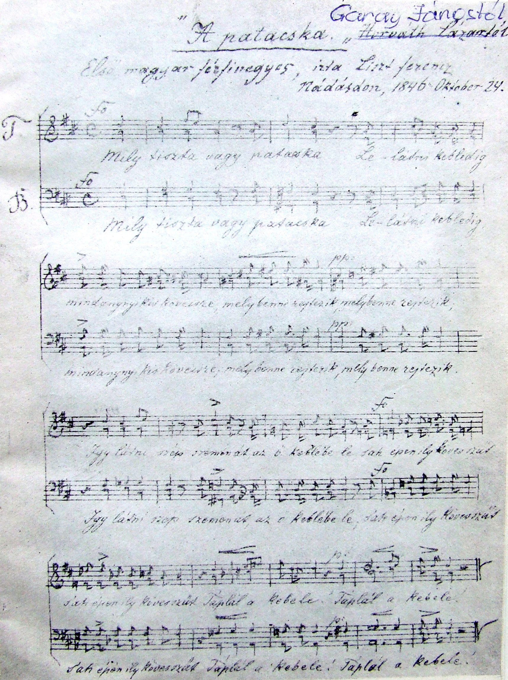 Liszt Ferenc Garay János A patakhoz című költeményére írt kórusművének kottája (Csekey István: Liszt Ferenc Baranyában. Pécs, 1956. Melléklet)