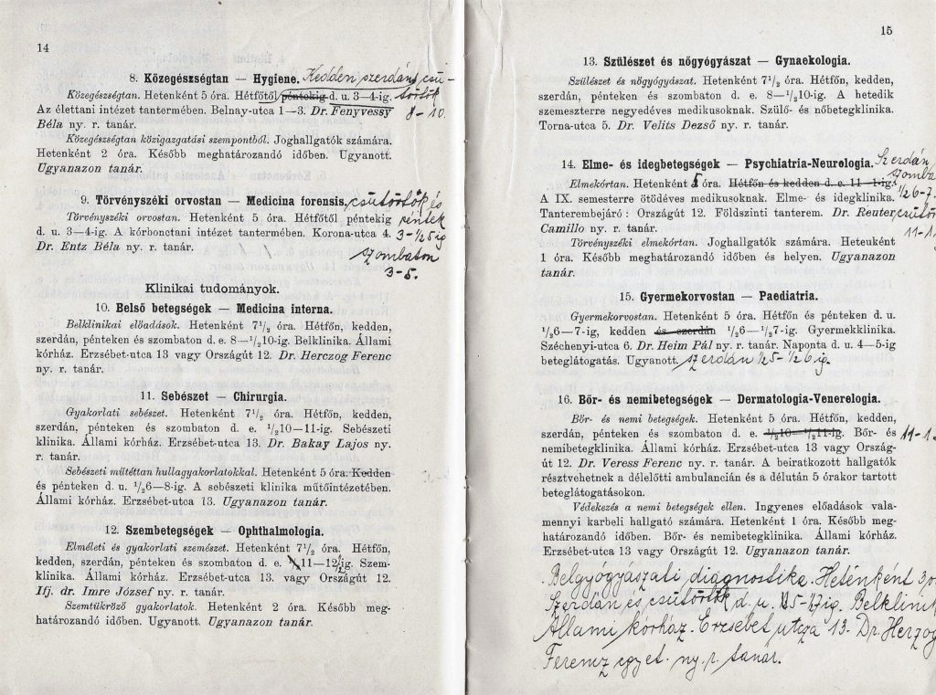4. kép. A pozsonyi Magy. Kir. Erzsébet-Tudományegyetem tanrendje az 1918–19. tanév első félévére