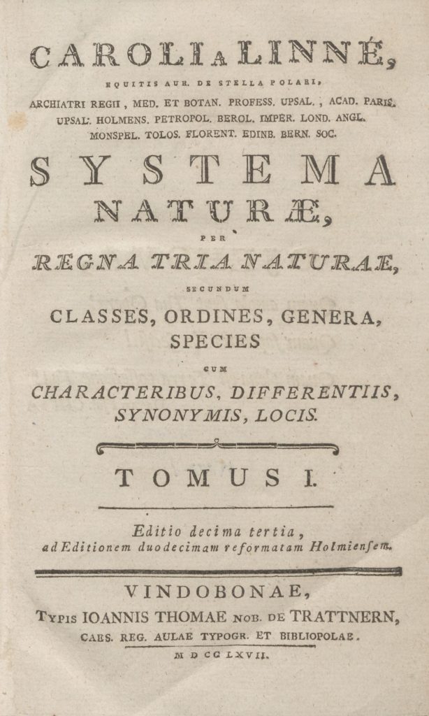 2. kép A Systema Naturae első kötetének 1767. évi kiadása a Klimo Könyvtár gyűjteményében